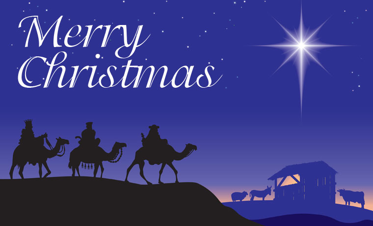 Merry Christmas card with Christian scene.